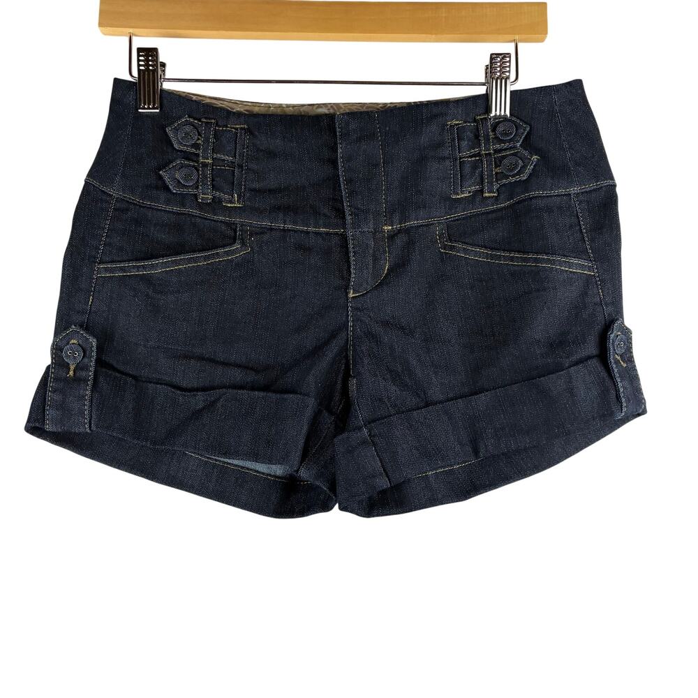 Y2K Boom Boom Jeans Dark Blue Denim Micro Mini Trouser Shorts 30”x3” Button Tab